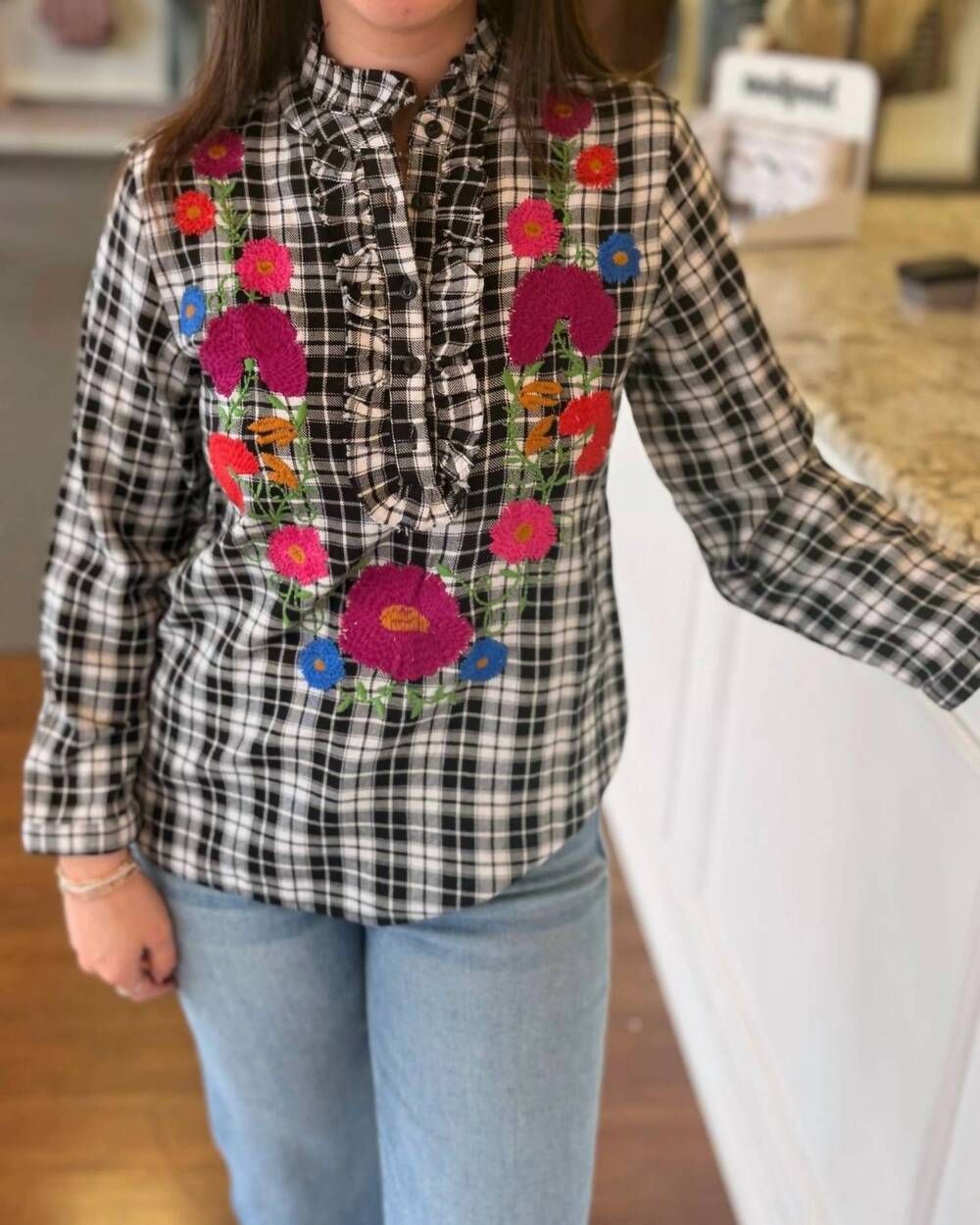 NEW IVY JANE juana embroidered top in black/  white plaid